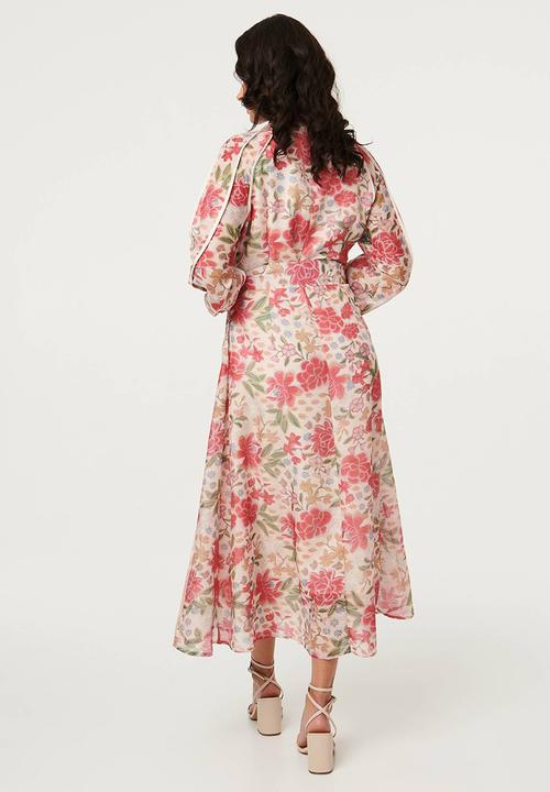 Stella Morgan - L/S Mandarin Collar Button Through Maxi Dress With Binding Throughout - Multi Pink