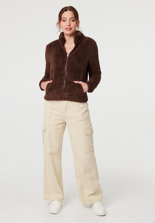 Izabel London - L/S Teddy Zip Through Jacket - Chocolate