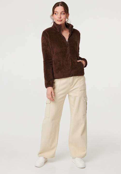 Izabel London - L/S Teddy Zip Through Jacket - Chocolate