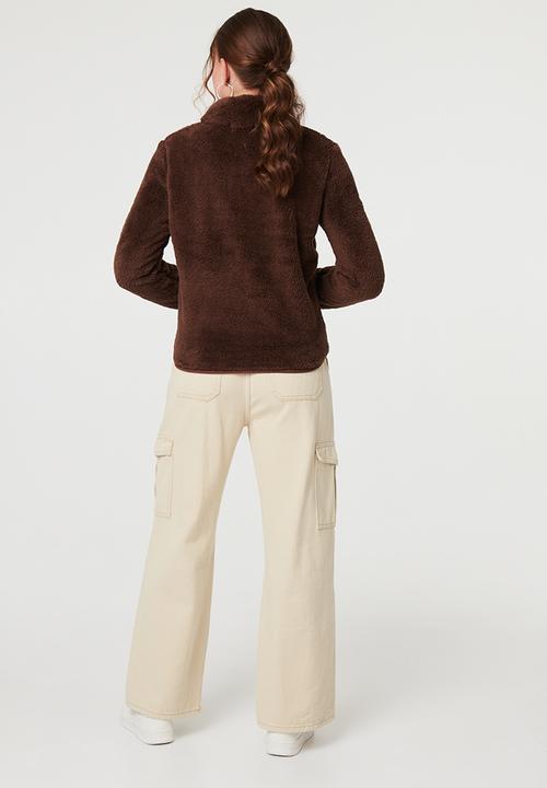 Izabel London - L/S Teddy Zip Through Jacket - Chocolate