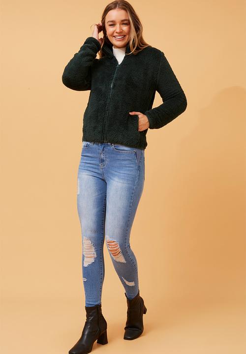 Izabel London - L/S Teddy Zip Through Jacket - Forest Green