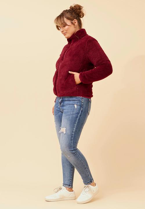 MANDI - L/S Teddy Zip Through Jacket - Red Dahlia