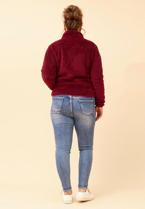 MANDI - L/S Teddy Zip Through Jacket - Red Dahlia