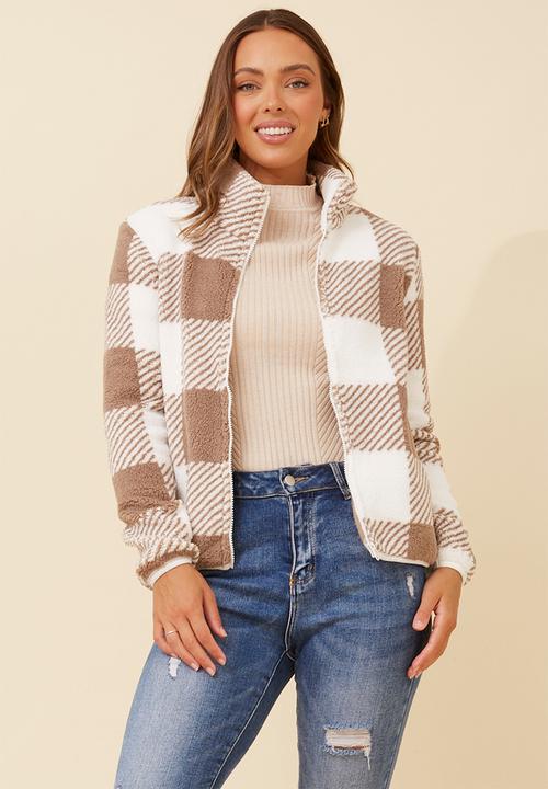 L/S Checked Teddy Zip Through Jacket - Brown