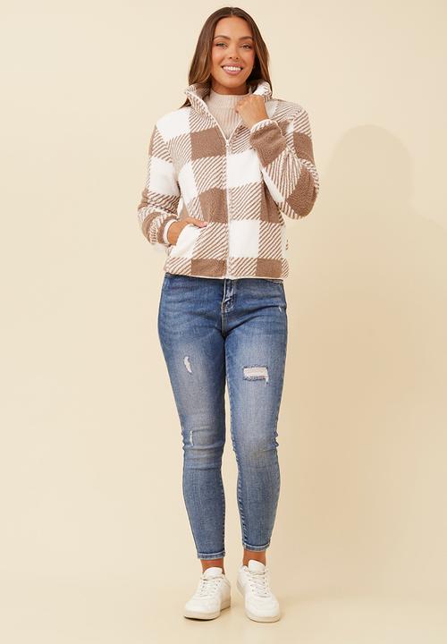 MANDI - L/S Checked Teddy Zip Through Jacket - Brown & White
