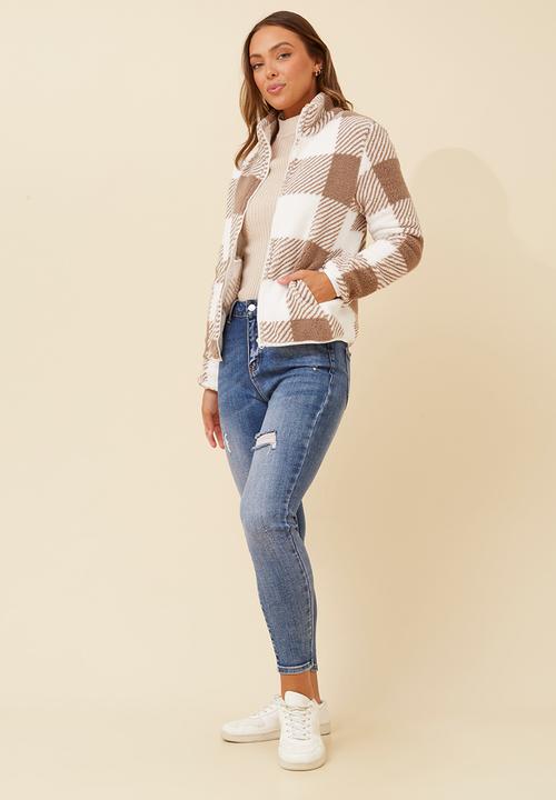 MANDI - L/S Checked Teddy Zip Through Jacket - Brown & White