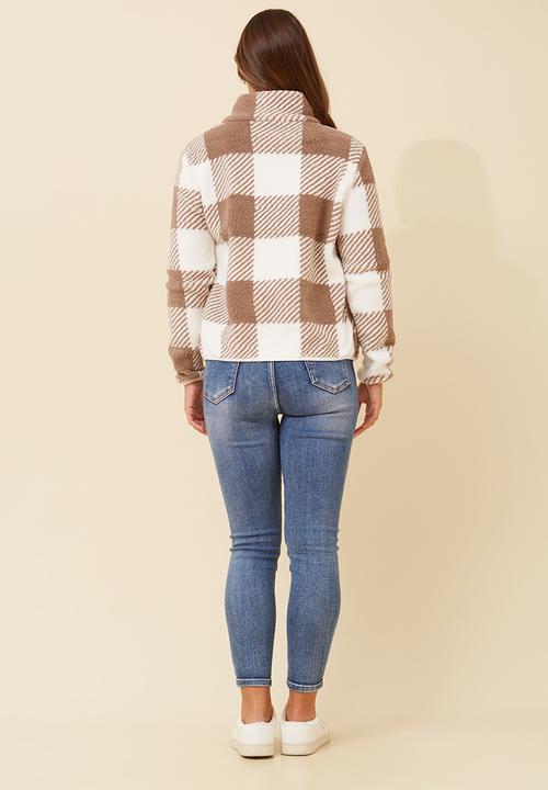 MANDI - L/S Checked Teddy Zip Through Jacket - Brown & White