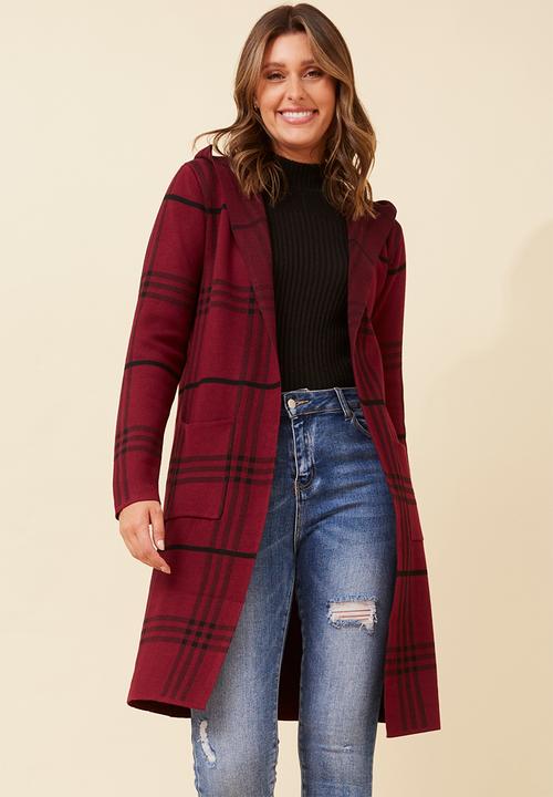 Izabel London - L/S Longer Length Check Cardi Sweater - Burgundy