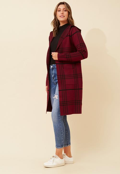 Izabel London - L/S Longer Length Check Cardi Sweater - Burgundy