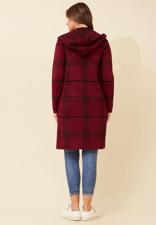 Izabel London - L/S Longer Length Check Cardi Sweater - Burgundy