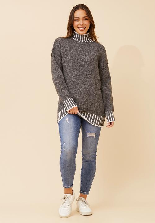 Izabel London - L/S Longer Length High Neck Melange Sweater - Charcoal