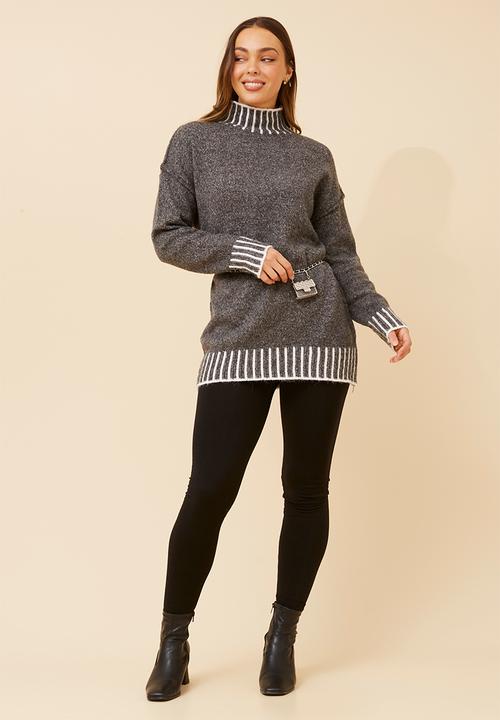 Izabel London - L/S Longer Length High Neck Melange Sweater - Charcoal