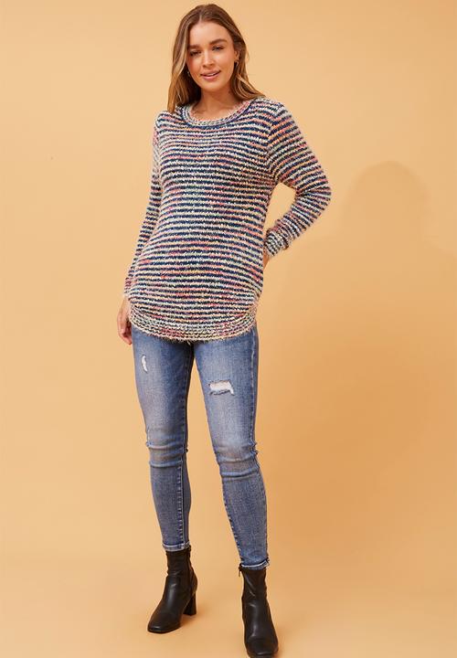 Stella Morgan - L/S Crew Neck Ribbon And Lace Sripe Sweaer Muli Colour Scoop Hem - Multti Blue