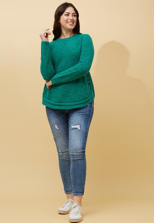 MANDI - L/S Waffle Sweater With Side Wood Buttons And Scooped Hem - Teal