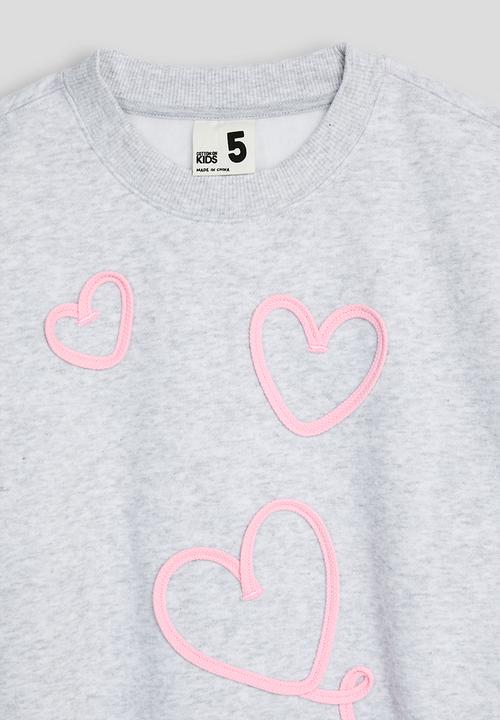 Cotton On - Sammy Oversized Crew & Relaxed Trackpant Pack - Grey Marle Hearts/Zephyr