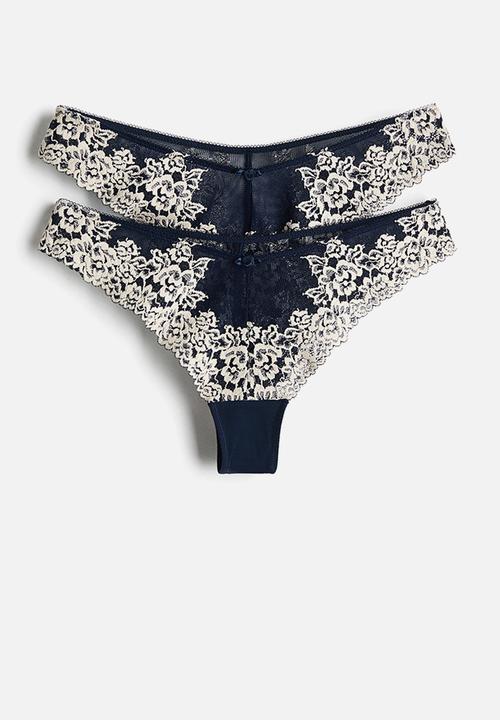 H&M - 2-pack lace brazilian briefs - dark blue/white