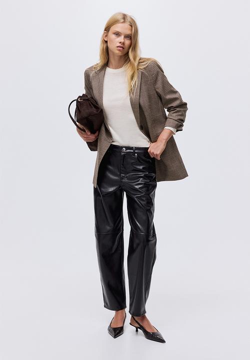 H&M - Gathered-sleeve blazer - brown/dogtooth pattern