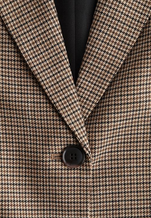 H&M - Gathered-sleeve blazer - brown/dogtooth pattern