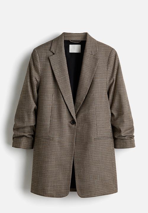 H&M - Gathered-sleeve blazer - brown/dogtooth pattern