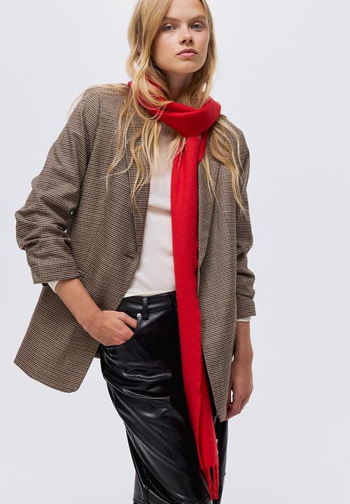 H&M - Gathered-sleeve blazer - brown/dogtooth pattern