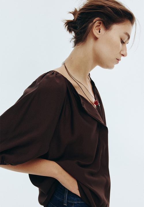H&M - Balloon-sleeved blouse - dark brown