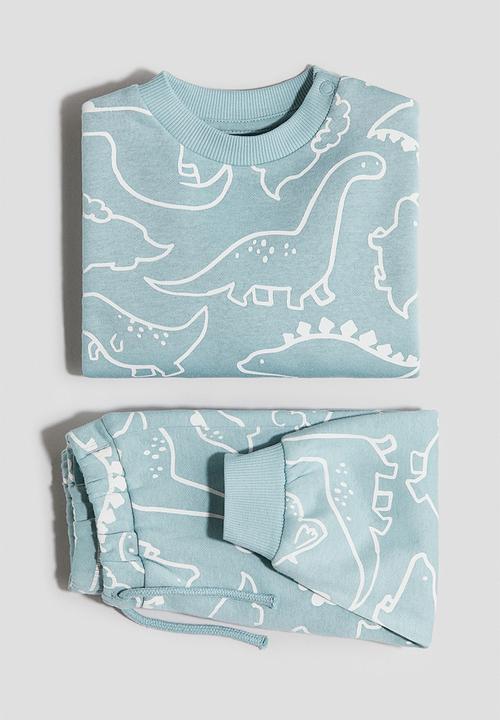 H&M - 2-piece printed brushed-inside sweatshirt set - turquoise/dinosaurs