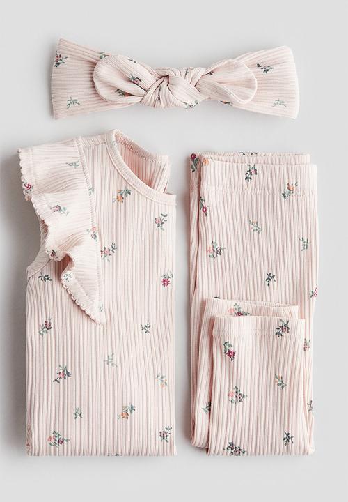 H&M - 3-piece printed jersey set - light pink/floral