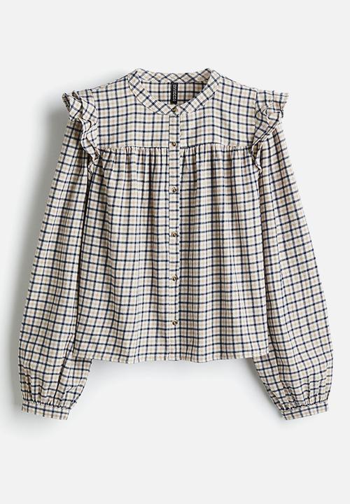 H&M - Flounce-detail blouse - light beige/checked