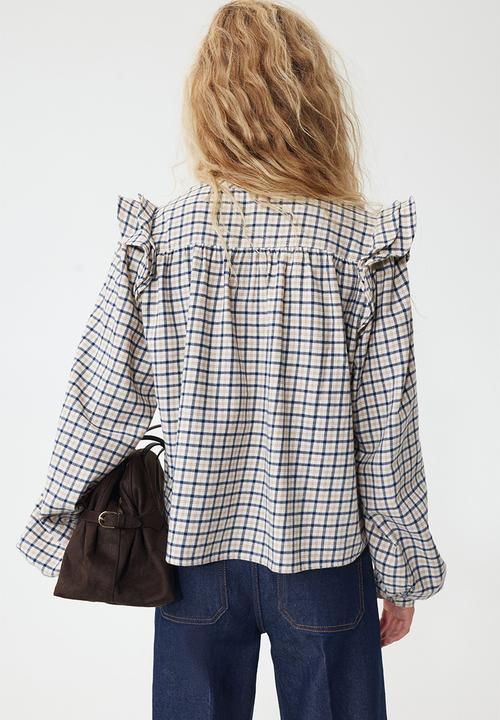H&M - Flounce-detail blouse - light beige/checked