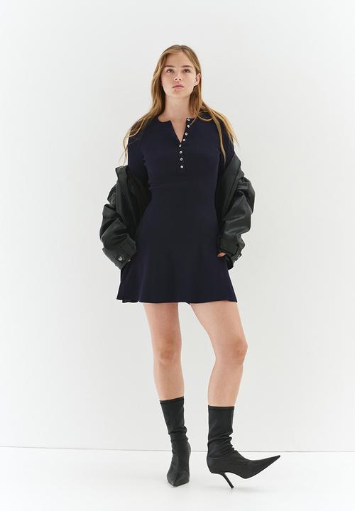 Rib-knit flared-skirt dress - navy blue - 1301237001