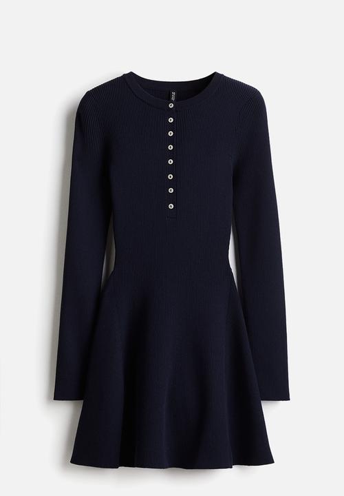 Rib-knit flared-skirt dress - navy blue - 1301237001