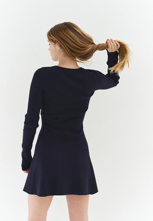 Rib-knit flared-skirt dress - navy blue - 1301237001