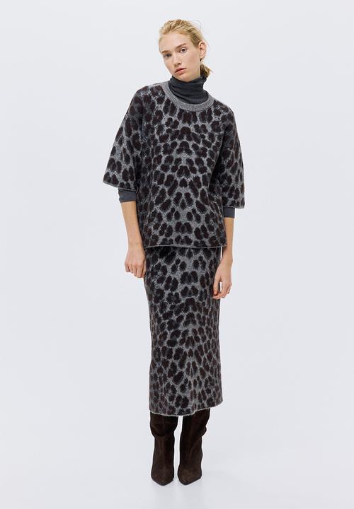 H&M - Boxy jacquard-knit jumper - grey/leopard print