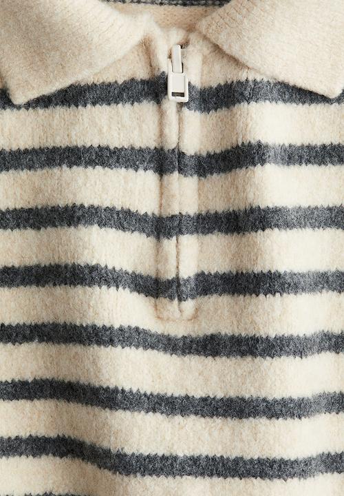 H&M - Brushed zip-top polo jumper - light beige/striped