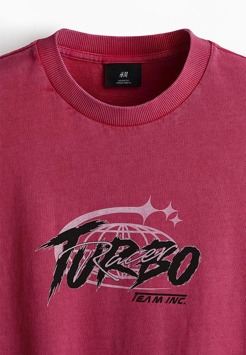 H&M - Loose fit washed T-shirt - dark pink/turbo