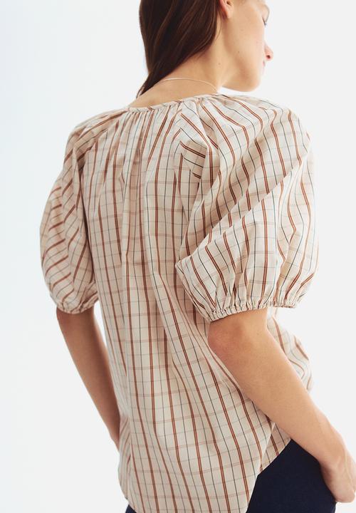 H&M - Puff-sleeved cotton blouse - light beige/checked