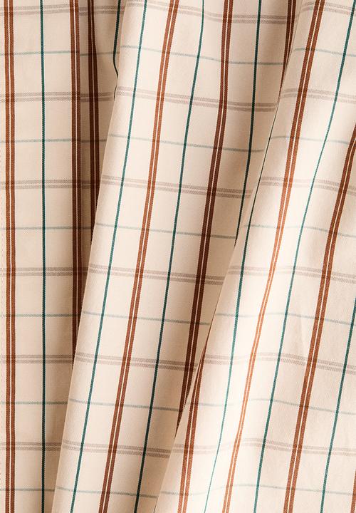 H&M - Puff-sleeved cotton blouse - light beige/checked