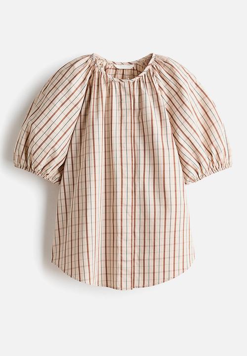H&M - Puff-sleeved cotton blouse - light beige/checked