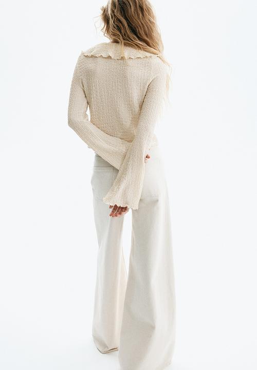 H&M - Frill-trimmed v-neck top - light beige