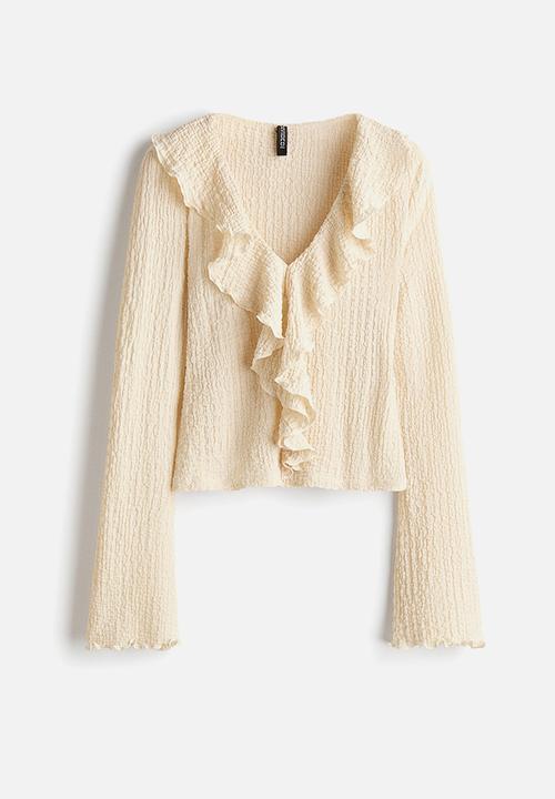H&M - Frill-trimmed v-neck top - light beige