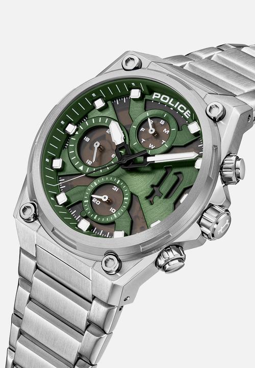 Police - Steel Case Green Dial Bracelet Strap - Silver