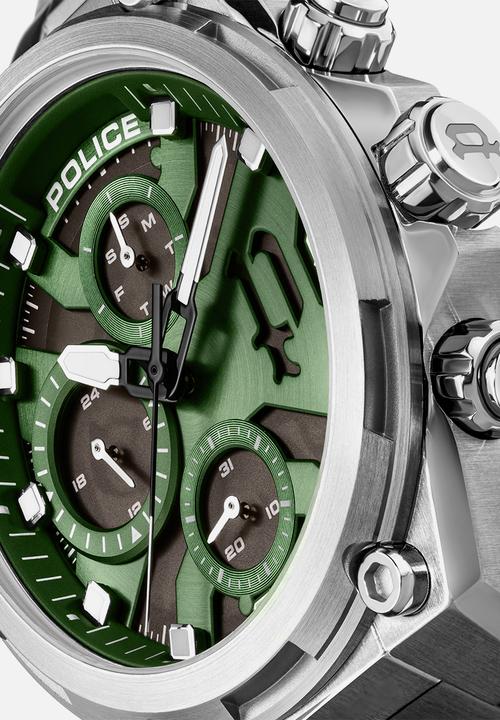 Police - Steel Case Green Dial Bracelet Strap - Silver