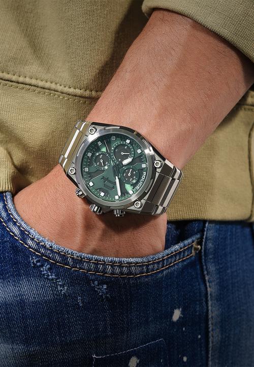 Police - Steel Case Green Dial Bracelet Strap - Silver