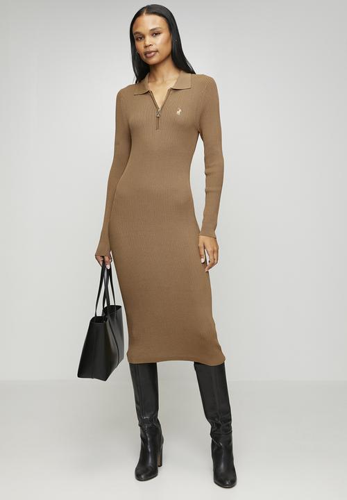 POLO - Wmn Laya Ls Knit Dress - Camel