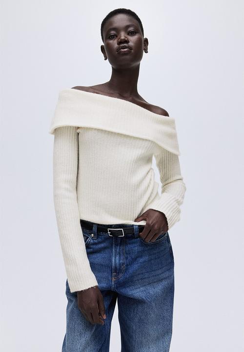 Rib-knit off-the-shoulder top - cream - 1293121001