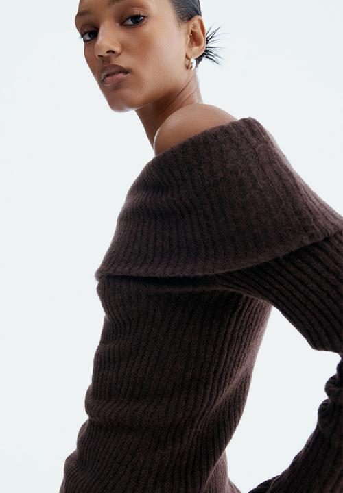 H&M - Rib-knit off-the-shoulder top - dark brown