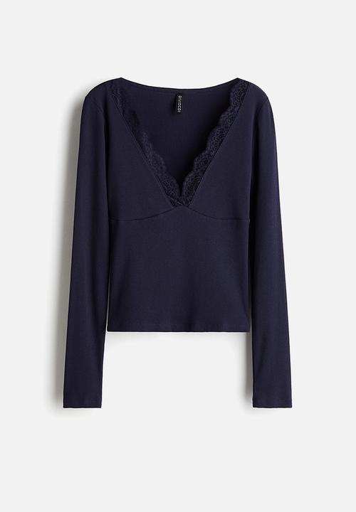 H&M - Lace-trimmed top - navy blue