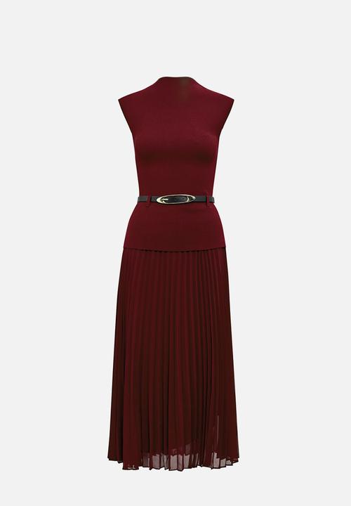 Forever New - Lorelei woven mixed midi dress in burgundy rose