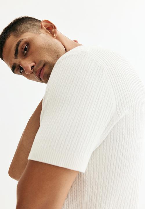 H&M - Regular fit cable-knit polo shirt - white