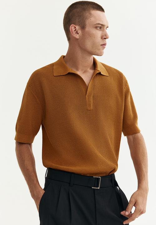 Regular fit knitted polo shirt - dark beige - 1306856002